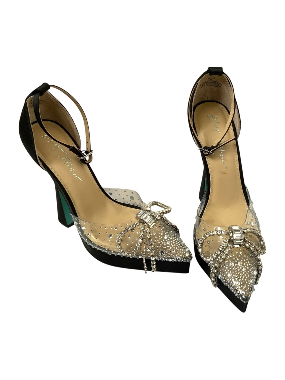 Betsey Johnson Pointed Toe Crystal Bow Pumps with Black Satin Trim Size 8